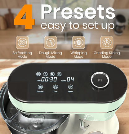 Bonnor Stand Mixer 6QT Kitchen Mixer with LED Smart Touchscreen, 11-Speed Tilt-Head Mixer with Timer, 4 Preset Menus, Stainless Steel Bowl, Dough Hook, Whisk, Beater,Green