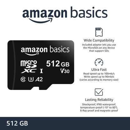 Amazon Basics Micro SDXC Memory Card with Full Size Adapter, A2, U3, Read Speed up to 100 MB/s, 512 GB, Black