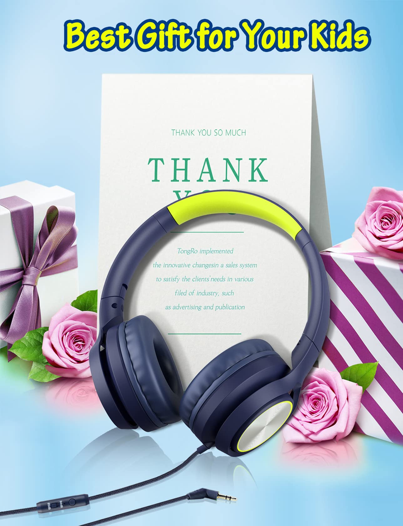 Kids Headphones with Cord , Wired Over Ear Headsets with Microphone Limited Volume 85dB/ 94dB, Portable Wired Headphones for Kids Boys Girls Teens Children Online School/Travel/iPad/Tablet/Cellphone