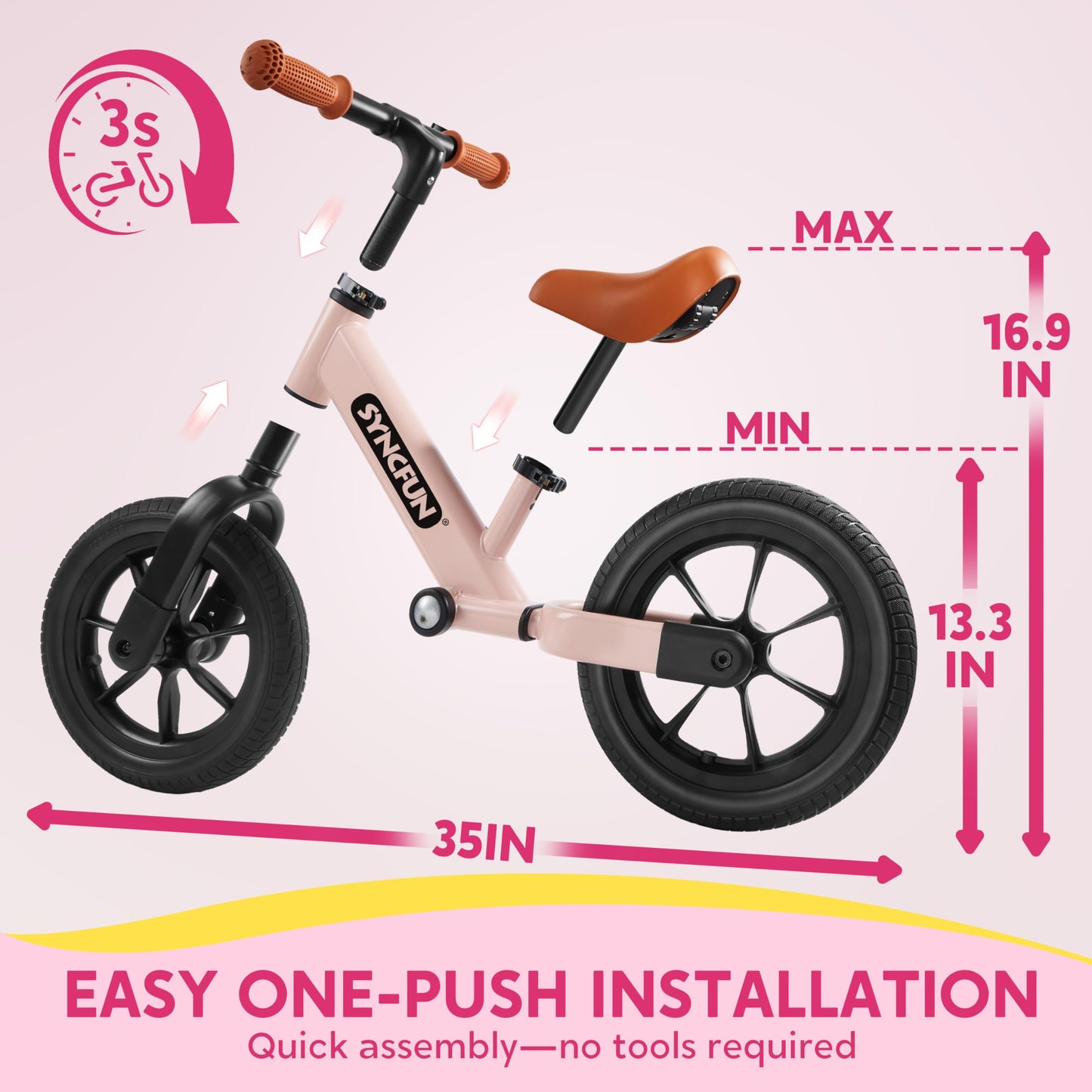 SYNCFUN Toddler Balance Bike, 12'' Lightweight Toddler Bike for 2, 3, 4, 5 Year Old Boys and Girls, Anti-Skid Tires, No Pedal Kids Bike, Easy Adjustable Seat and Handlebar, Gift Bike for Kids (Pink)