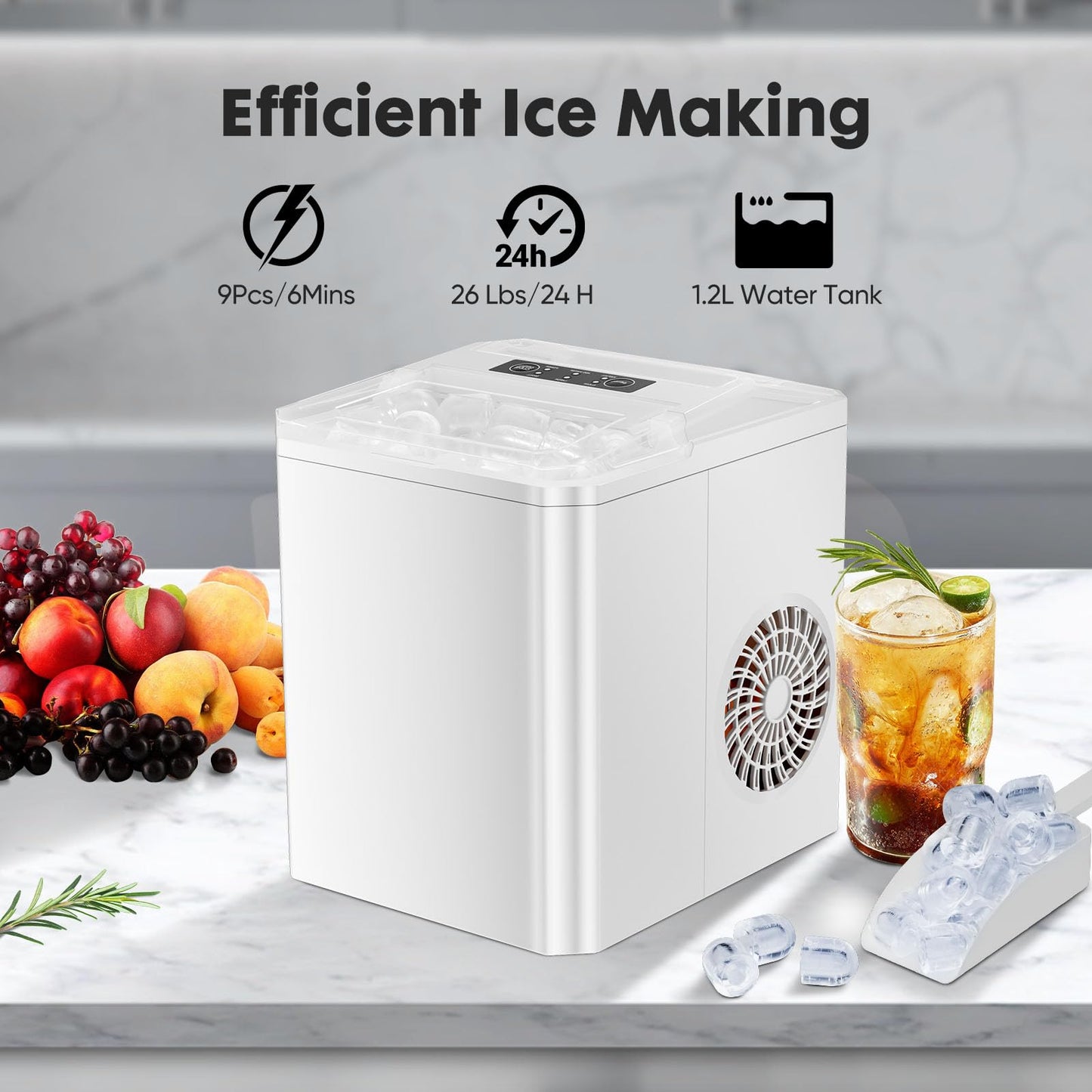 Sweetcrispy Countertop Ice Maker, Portable Ice Machine Self-Cleaning, 9 Cubes in 6 Mins, 26 lbs/24Hrs, 2 Sizes of Bullet Ice for Home Party Office