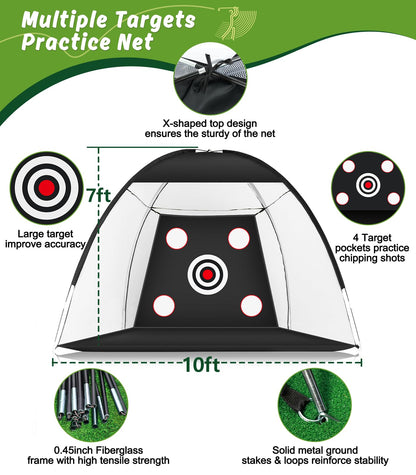 MUVPOH Golf Net: 10x7ft Golf Practice Net for Backyard Chipping Driving with Dual-Turf Golf Hitting Mat, All-in-1 Outdoor Indoor Golf Hitting Net with Multiple Targets, Golf Aid for Men/Golf Lovers