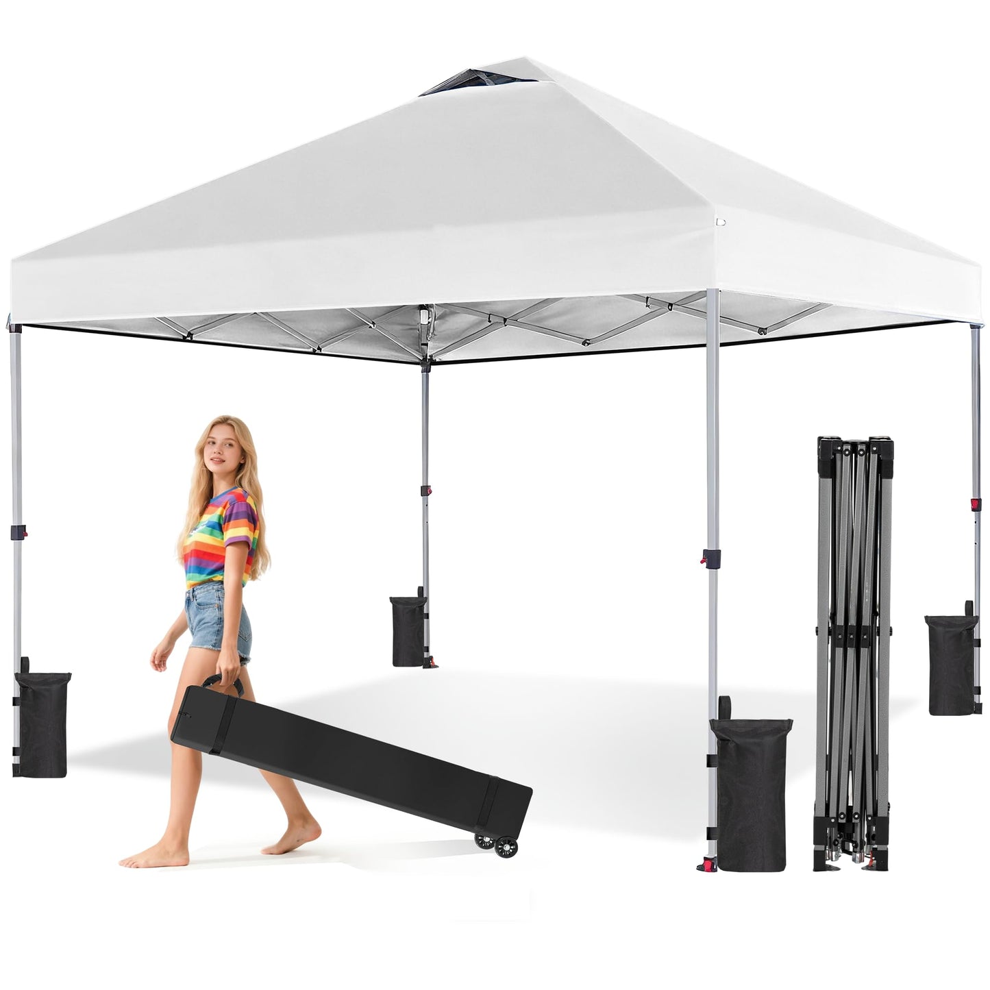 OLIXIS 10x10ft Pop Up Canopy Tent, Heavy Duty 1-Person One Push Setup, Portable Outdoor Shelter for Beach, Events, Camping Includes Rolling Carry Bag, White