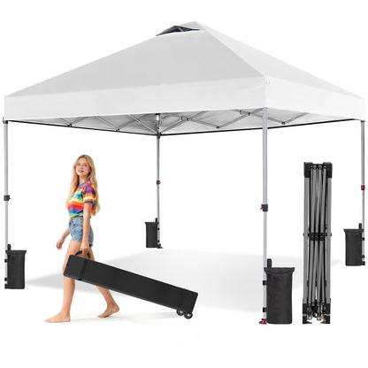 OLIXIS 10x10ft Pop Up Canopy Tent, Heavy Duty 1-Person One Push Setup, Portable Outdoor Shelter for Beach, Events, Camping Includes Rolling Carry Bag, White