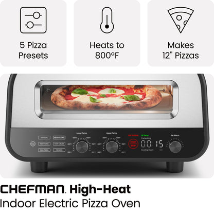 CHEFMAN Indoor Pizza Oven - Makes 12 Inch Pizzas in Minutes, Heats up to 800°F - Countertop Electric Pizza Maker with 5 Touchscreen Presets, Pizza Stone and Peel Included - Stainless Steel