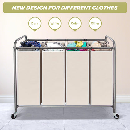 STORAGEIDEAS Laundry Sorter Hamper with Wheels, Heavy-Duty Laundry Sorter Rolling Cart, Lockable Wheels and Removable Bags, 4 Sections, Beige