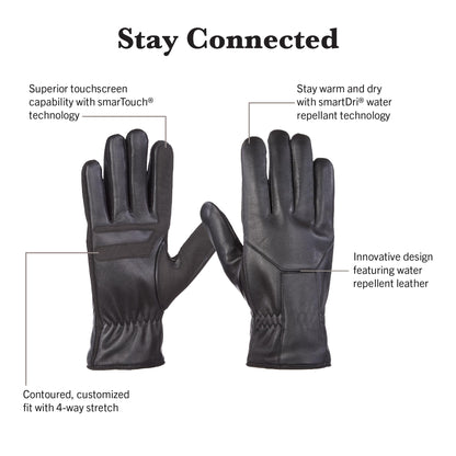 Isotoner Water Repellent Leather Gloves for Men – Water Repellent, Touchscreen, Fleece Lining, Stylish & Practical, Black, Large