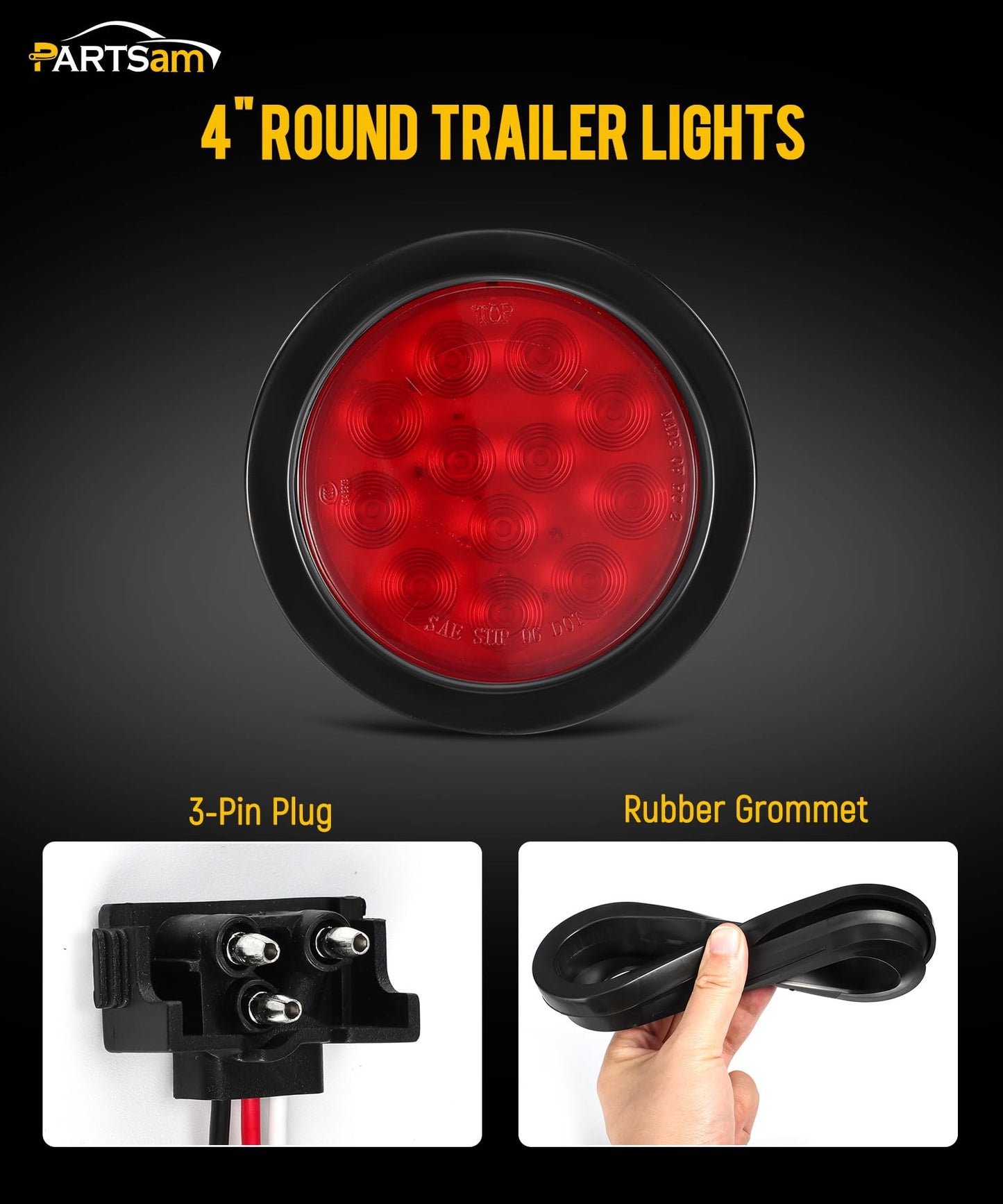 Partsam 4Pcs 4 Inch Round Led Trailer Tail Lights Kit Red 12 LED Waterproof 4" Brake Stop Turn Tail Marker Trailer Lights Sealed Flush Mount for Truck RV Boat UTE UTV 12V Grommet Plug Included