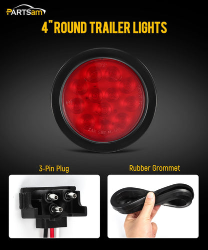 Partsam 4Pcs 4 Inch Round Led Trailer Tail Lights Kit Red 12 LED Waterproof 4" Brake Stop Turn Tail Marker Trailer Lights Sealed Flush Mount for Truck RV Boat UTE UTV 12V Grommet Plug Included