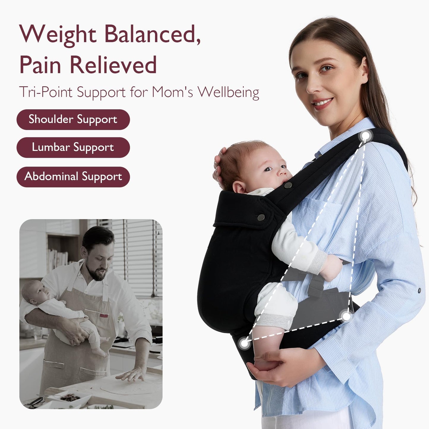 Momcozy Baby Carrier - Ergonomic, Cozy and Lightweight Carrier for 7-44lbs, Effortless to Put On, Ideal for Hands-Free Parenting, Enhanced Lumbar Support, Purehug for Infant to Toddler, Black