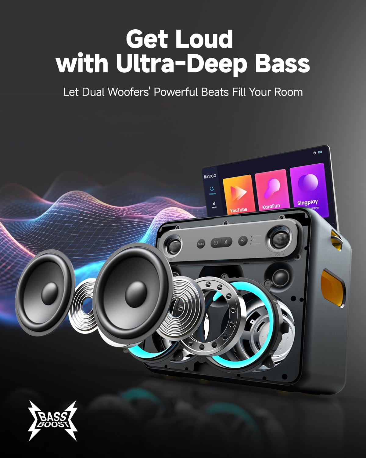 Ikarao Smart Karaoke Machine for Adults - with Lyrics Display, 64GB Karaoke Tablet, 2 Wireless Mics, Professional Karaoke System, 600W Peak Power, 4 DJ Lights, Karaoke Speaker for Any Occasion