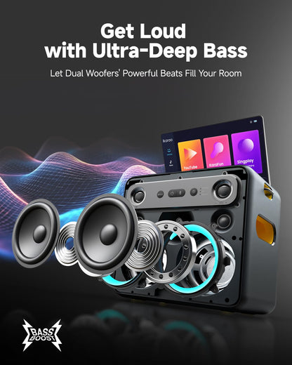 Ikarao Smart Karaoke Machine for Adults - with Lyrics Display, 64GB Karaoke Tablet, 2 Wireless Mics, Professional Karaoke System, 600W Peak Power, 4 DJ Lights, Karaoke Speaker for Any Occasion