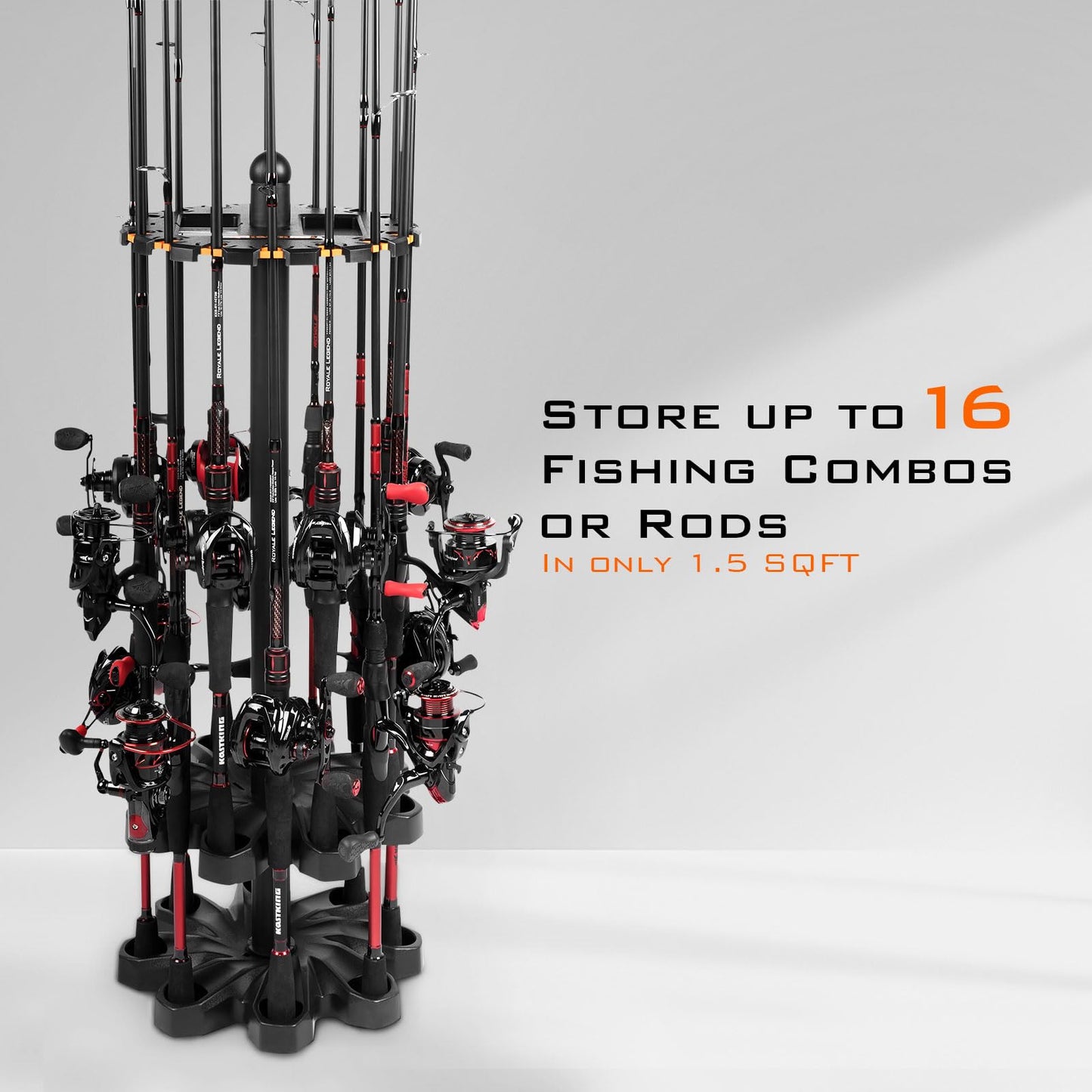 KastKing V16 Fishing Rod Rack - Fishing Pole Rack Holds Up to 16 Fishing Rods or Combos, Lightweight and Durable ABS Construction, Space-Saving Fishing Rod Holders for Garage