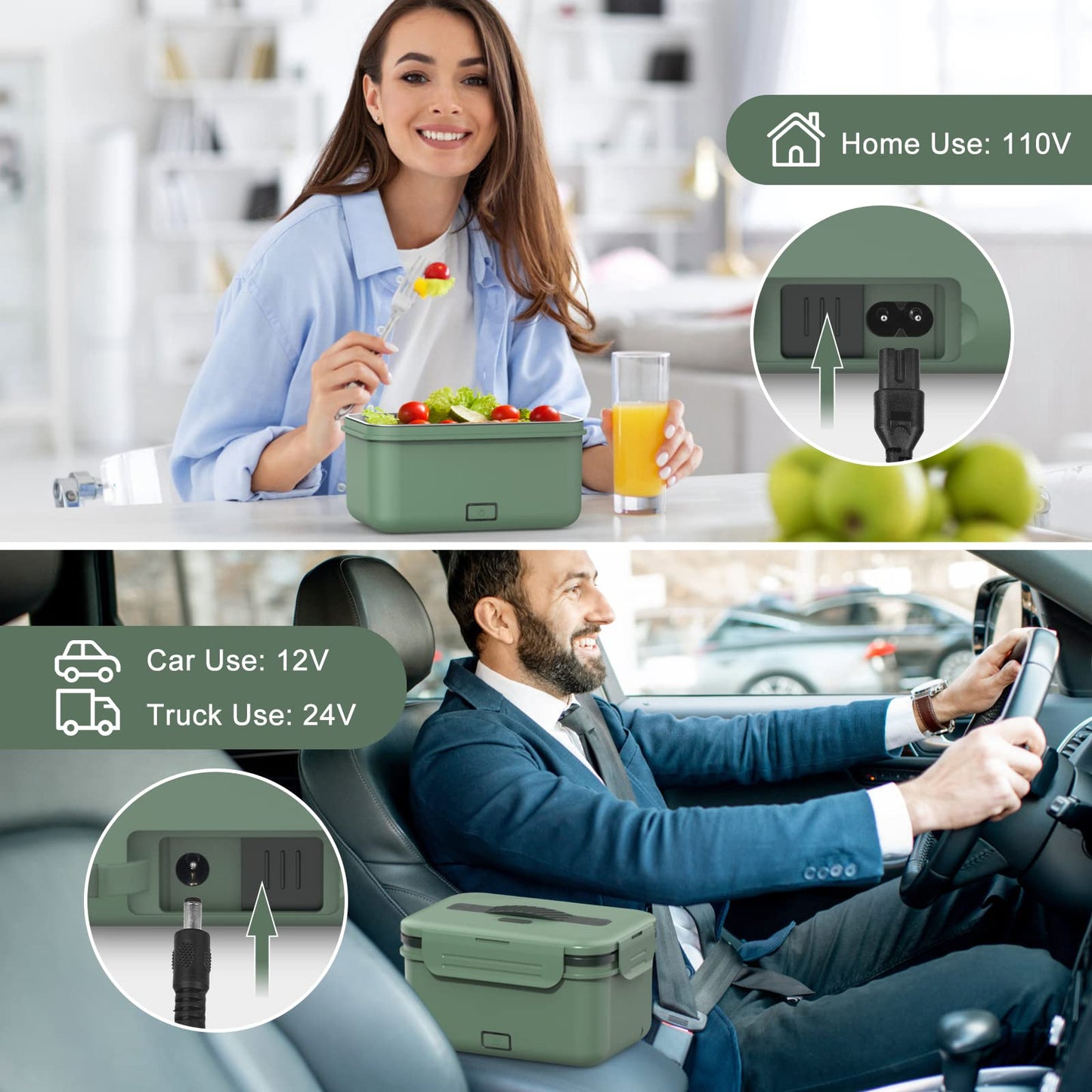 Vabaso Electric Heated Lunch Box for Adults, 100W Portable Food Warmer for Car/Truck Home/Work, Heating Lunchbox with 1.8L/61oz Stainless Steel Container, 12V/24V/110V