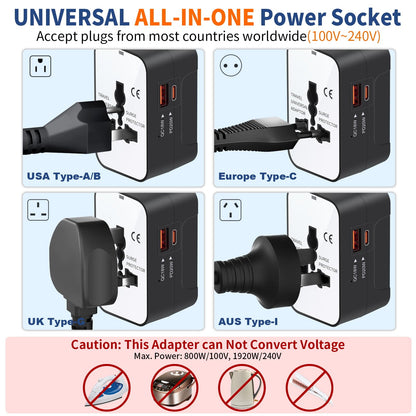 International Universal All in One Worldwide Travel Adapter Fast Charger with PD 3.0 Type C & USB-A Quick Charging Wall Charger AC Power Plug Adapter for USA EU UK AUS European Cell Phone Laptop