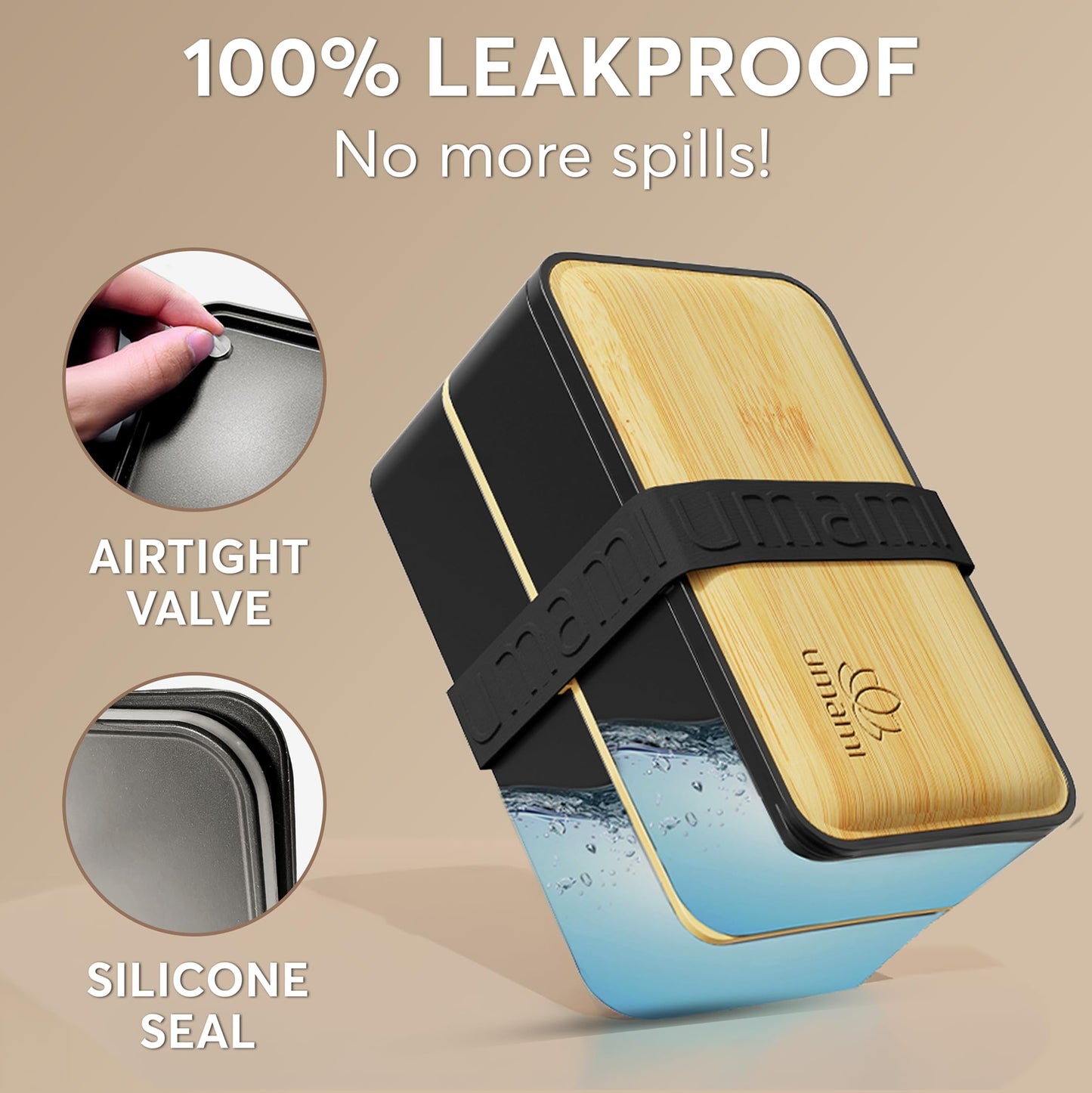 Umami Bento Box Adult All-In-1 w/4 Utensils, Big Sauce Jars, 2 Dividers, 100% Leakproof, Microwave & Dishwasher Safe, Stackable Bento Lunch Box Containers for Men/Women, Black & Bamboo, 40 oz