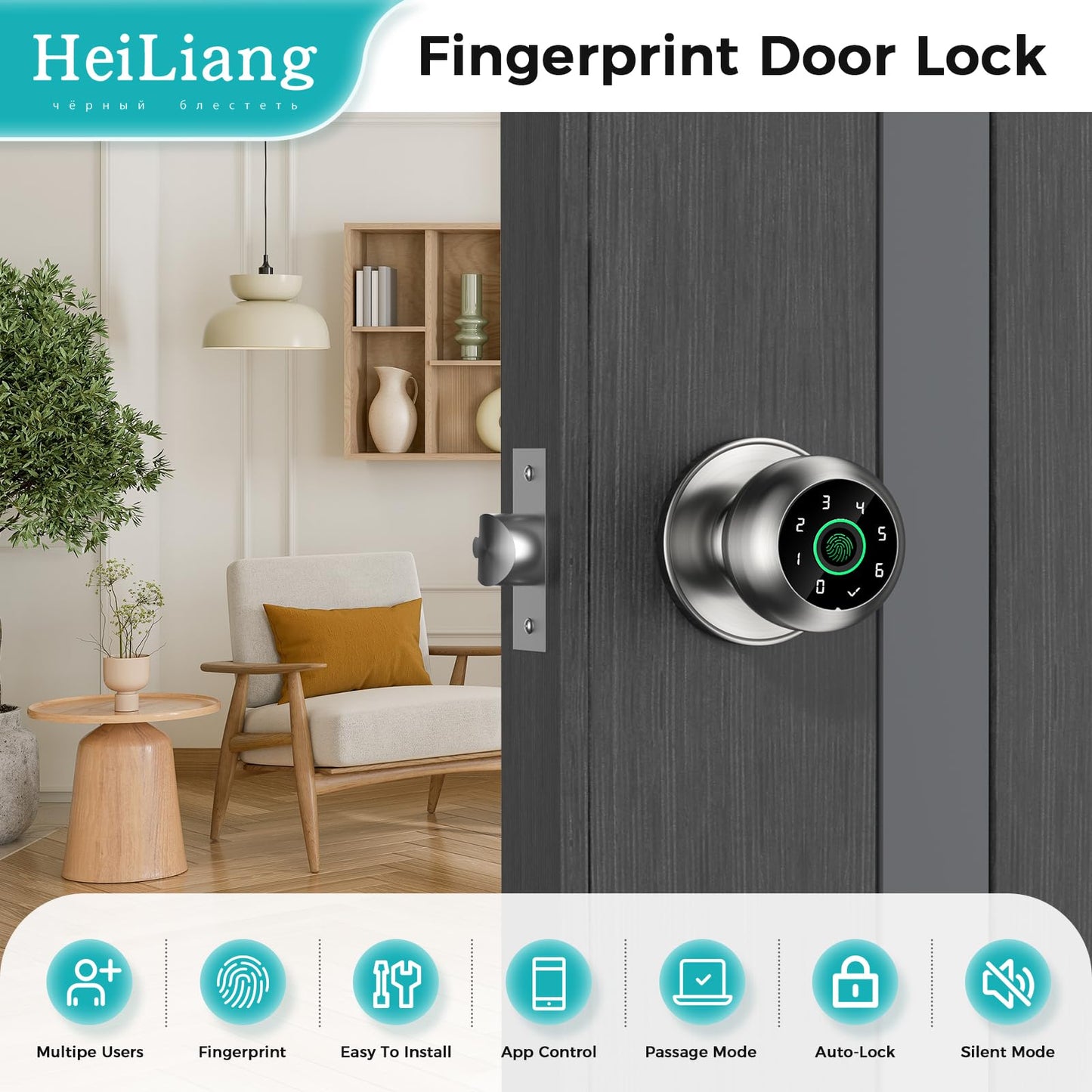 Fingerprint Door Lock - Fingerprint and Keypad Input Smart Door knob, App Controlled Biometric Door Lock, Keyless Entry, Bedroom, Office, Hotel, Apartment Auto Door knob (Satin Nickel)