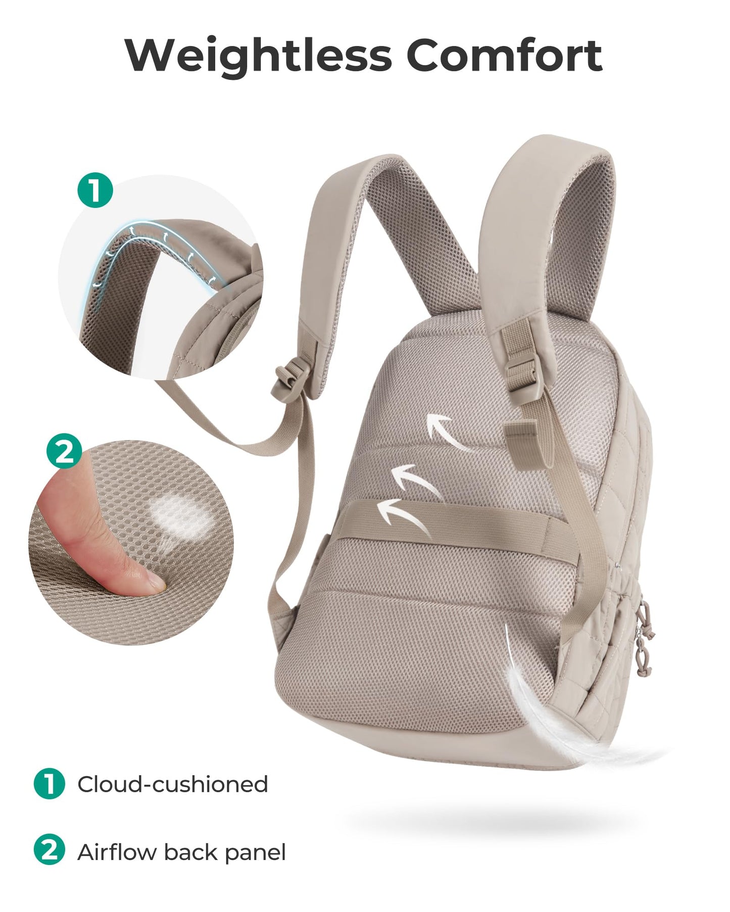 BAGSMART College Laptop Backpack, Travel Backpack for Women, Quilted Casual Daypack, Water-Resistant Bookbag for 15.6 Inch Laptop, Camel