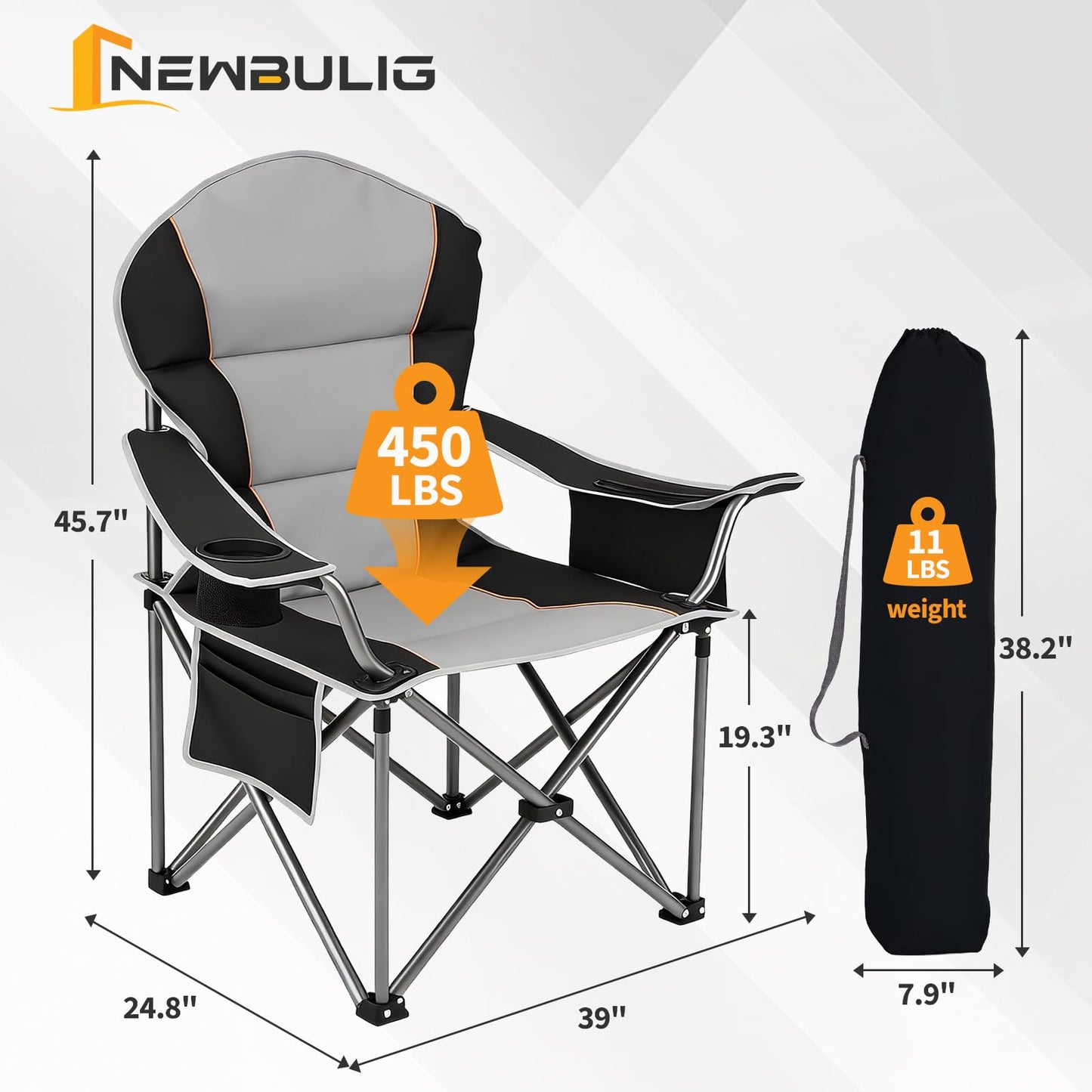 NEWBULIG Oversized Folding Camp Chair for Adults, 500 LBS Heavy Duty Support, Portable Outdoor Collapsible Chairs, with Cup Holders, Side Cooler & Pockets, for Lawn, Beach, Fishing, Hiking, Black