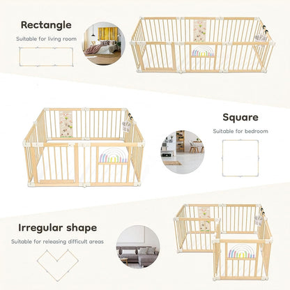 Ulnxiy Foldable Wooden Baby Playpen Activity Center,Adjustable Size & Shape Portable Play Yard, Baby Fence Play Area with Gate for Indoor Use for Babies and Toddlers(56x56x24inches)