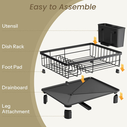 Dish Drying Rack - Small Dish Rack for Kitchen Counter, Stainless Steel Dish Drainer with Utensil Holder and Drainboard (Black)