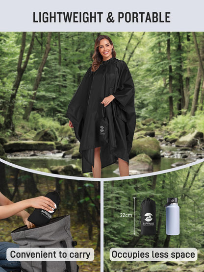 SaphiRose Hooded Rain Poncho Waterproof Raincoat Jacket for Men Women Adults (Black)