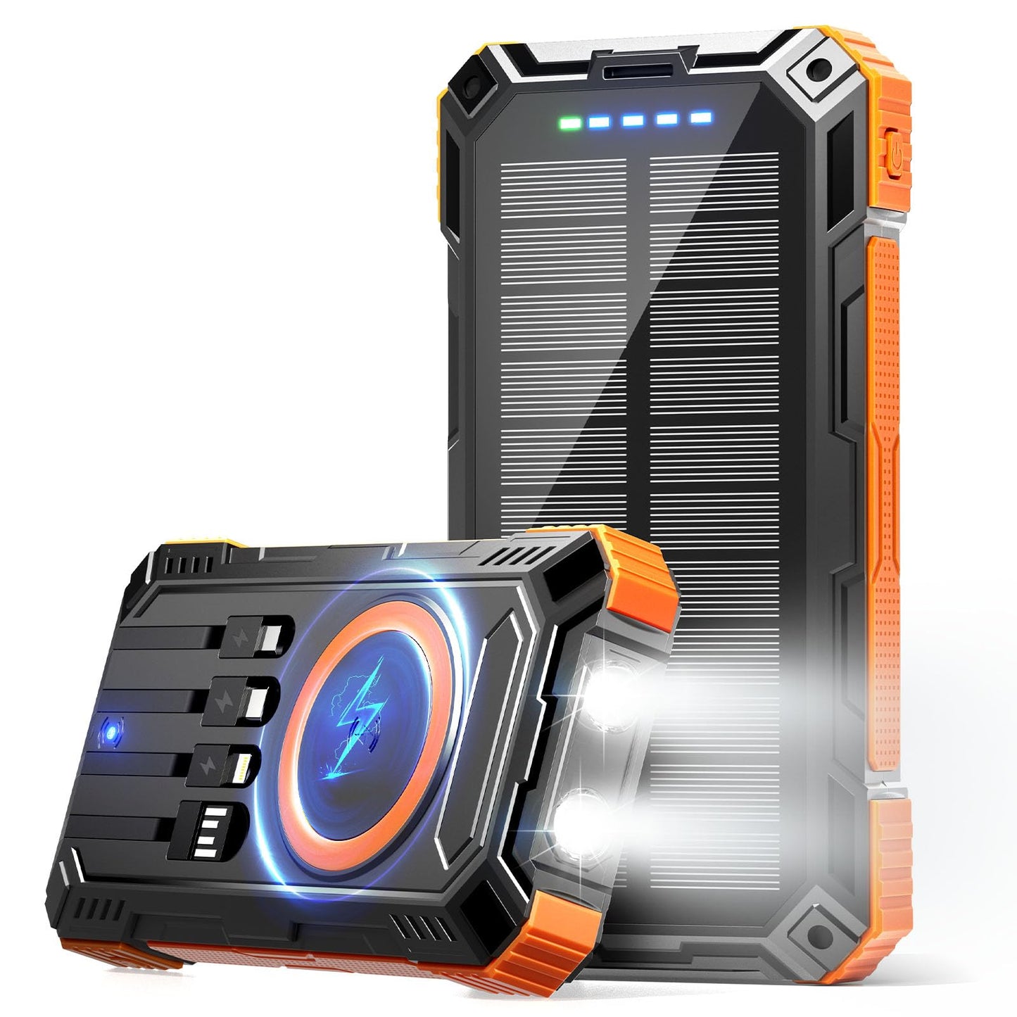 Power Bank 49800mAh Solar Charger Wireless Charging USB-C 5V/3.1A Fast Charging with 4 Built-in Cables LED Flashlight Battery Pack Compatible with iPhone, iPad, Galaxy, Perfect for Camping, Hiking