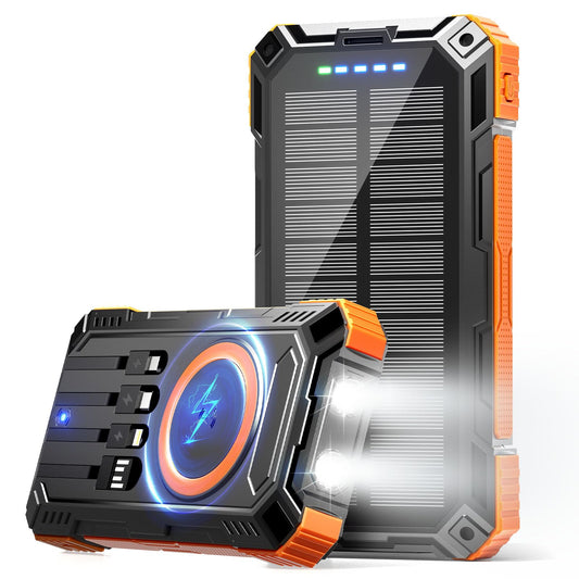 Power Bank 49800mAh Solar Charger Wireless Charging USB-C 5V/3.1A Fast Charging with 4 Built-in Cables LED Flashlight Battery Pack Compatible with iPhone, iPad, Galaxy, Perfect for Camping, Hiking