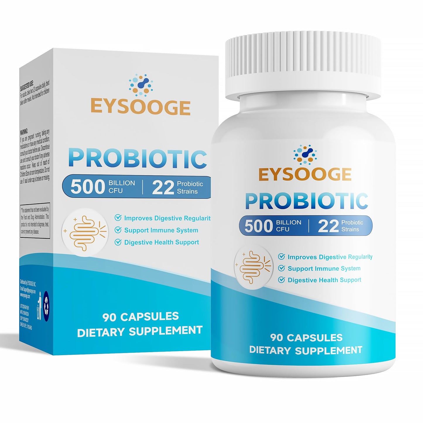 EYSOOGE Probiotics for Women and Men, 500 Billion CFU, 22 Strains + Organic Prebiotics, Daily Probiotics for Digestive, Immune, & Gut Health - 90 Capsules