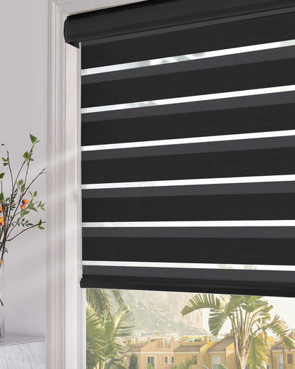 Persilux Blackout Zebra Roller Window Shades Dual Layer (30" W X 72" H, Black) Roller Sheer Shades Light Filtering UV and Privacy Protection for Day and Night Window Shades for Home and Office