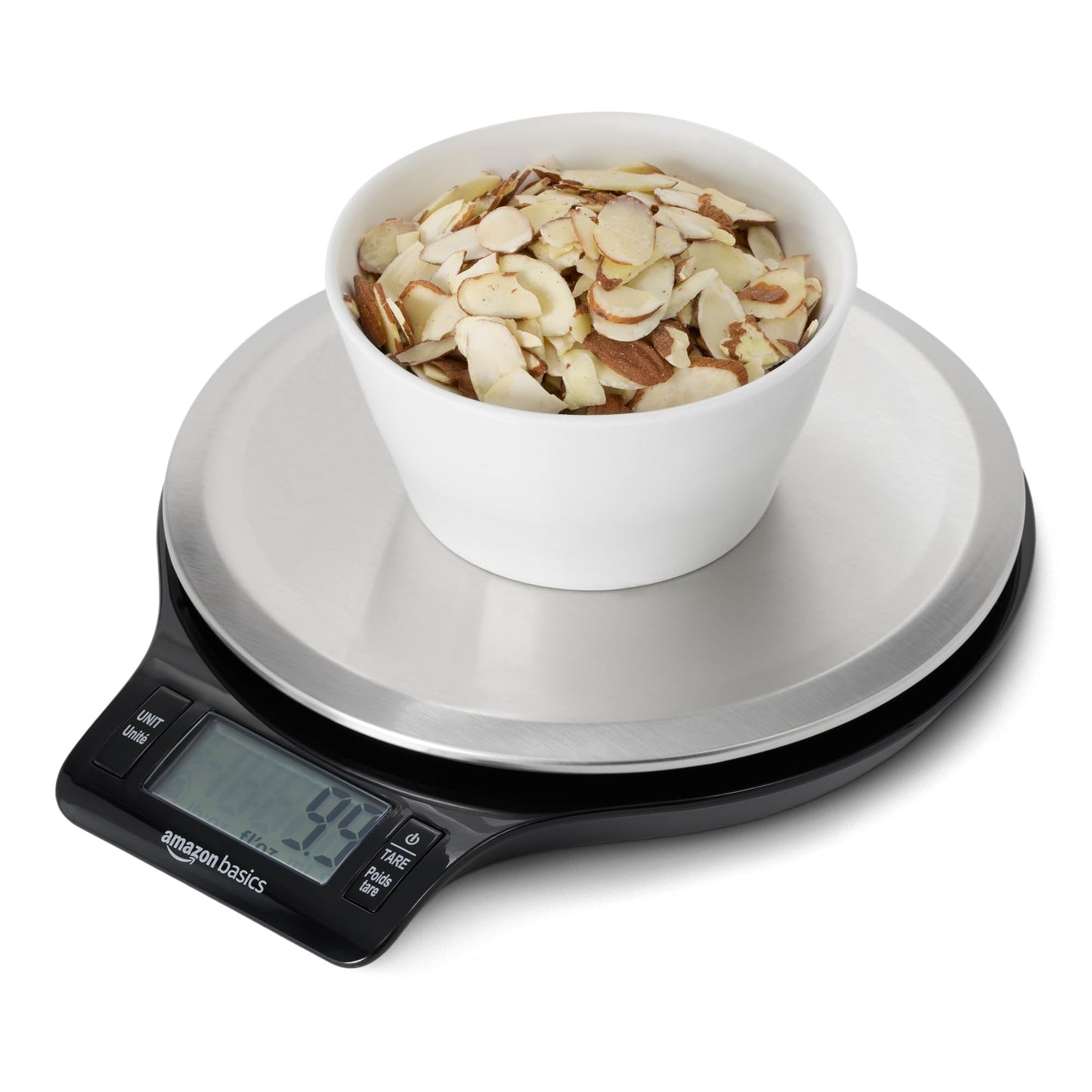 Amazon Basics Digital Kitchen Scale with LCD Display, Batteries Included, Weighs up to 11 pounds, Black and Stainless Steel