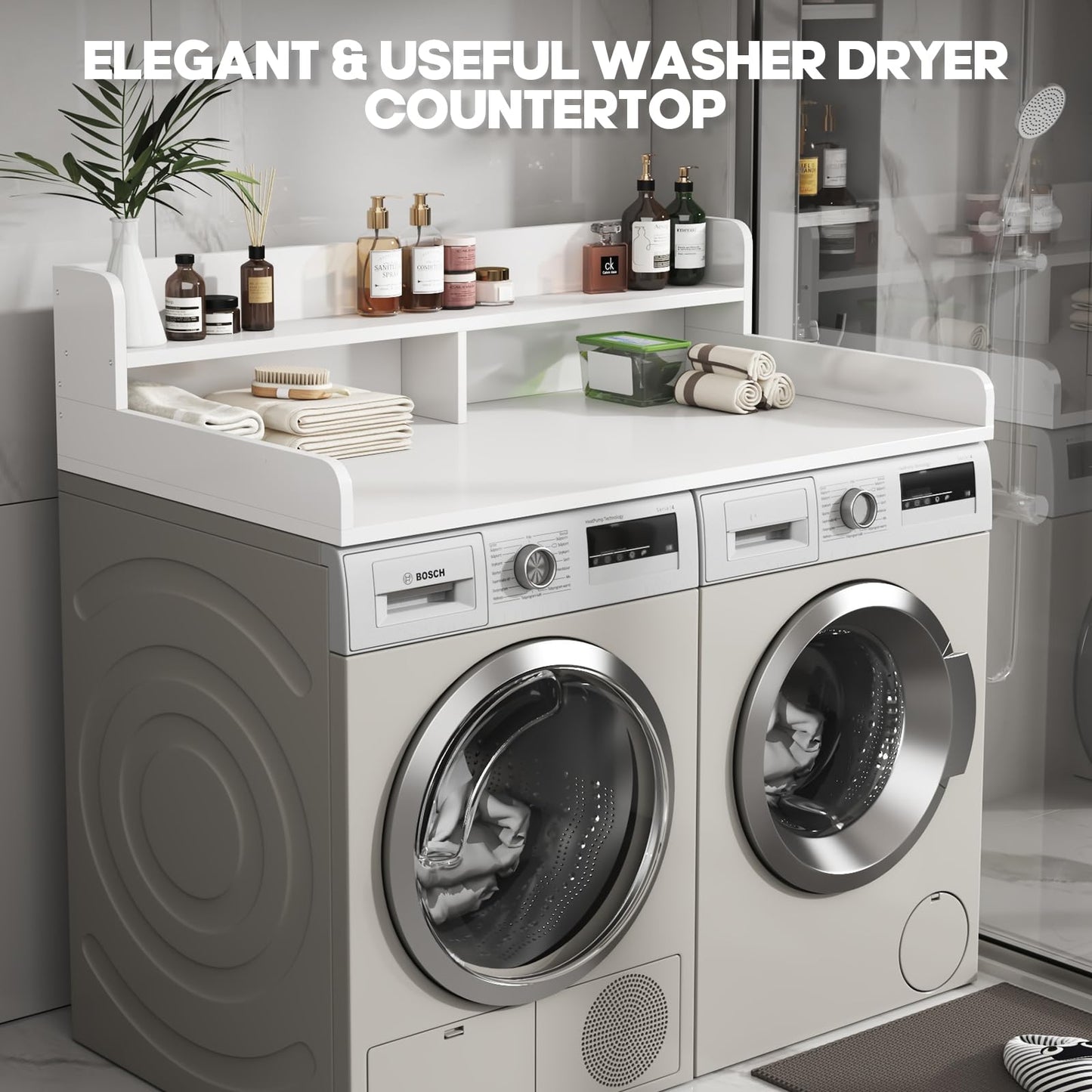 BigPonPon 2-Tier Washer and Dryer Countertop with 2.75" H Guard,54" W x 27.5" D Laundry Countertop Cover with Non-Slip Pad,Large Space Laundry Topper for Folding Clothes Over Washer and Dryer-White