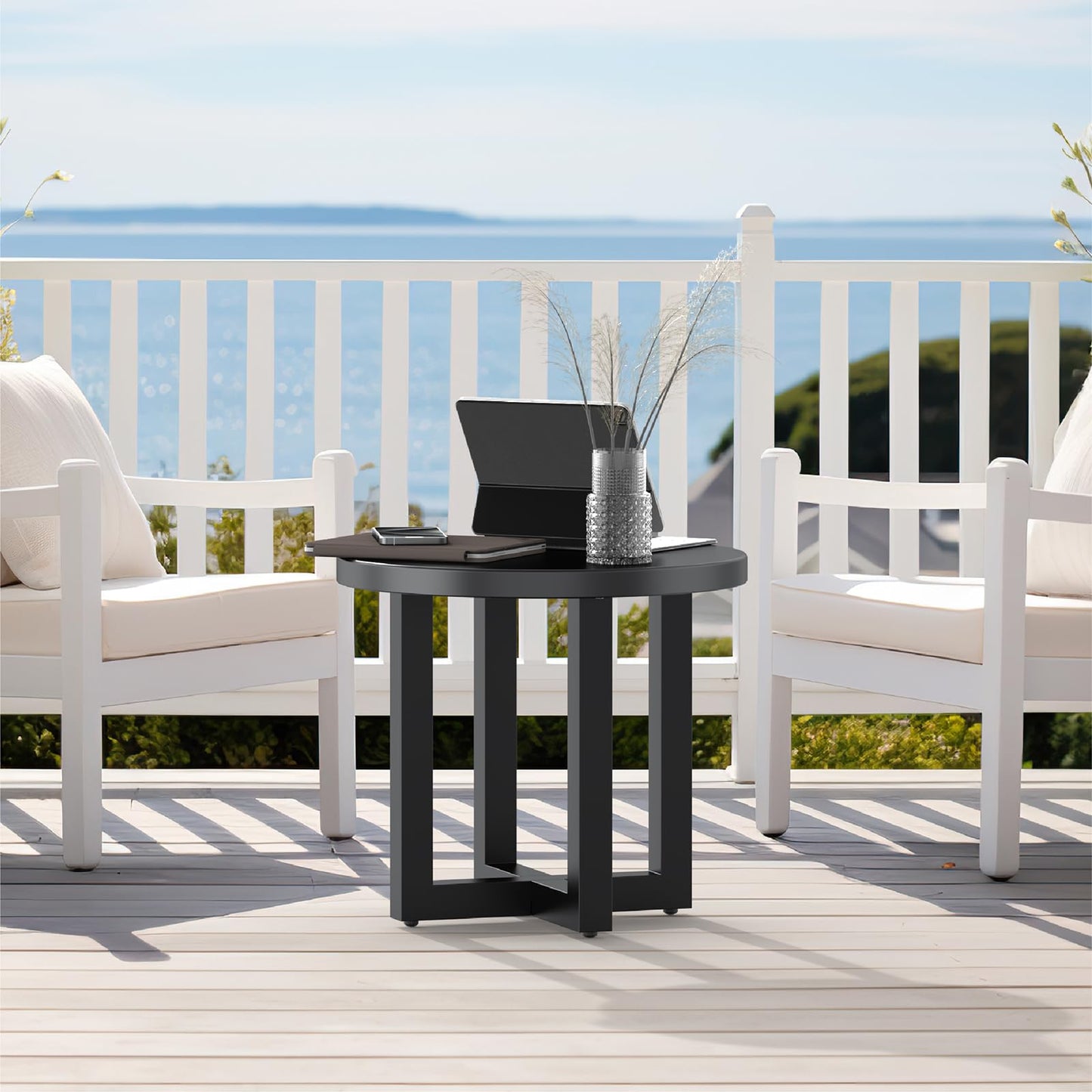 Metal Outdoor Round Table, 2-Tier Sturdy Patio End Table Weather Resistant, 18.5" * 18.5" * 16.5" Solid Round End Table for Patio, Pool, Porch (Black)