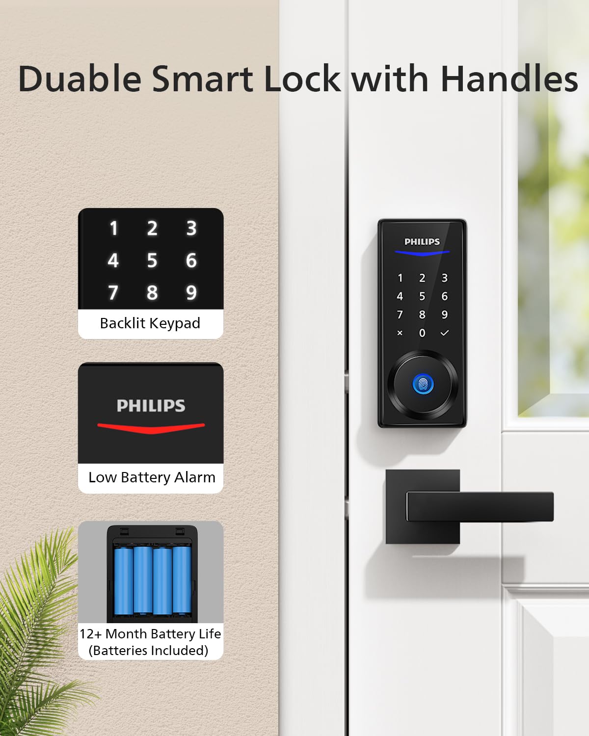 Philips Smart Lock with Handles, Keyless Entry Door Lock Set, Smart Door Lock with 2 Level Handles, Digital Keypad Deadbolt for Front Door, App Unlock, Fingerprint Unlock, PIN Code Unlock, Auto Lock