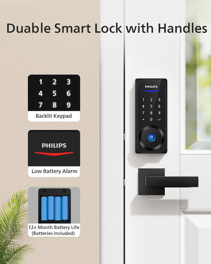 Philips Smart Lock with Handles, Keyless Entry Door Lock Set, Smart Door Lock with 2 Level Handles, Digital Keypad Deadbolt for Front Door, App Unlock, Fingerprint Unlock, PIN Code Unlock, Auto Lock