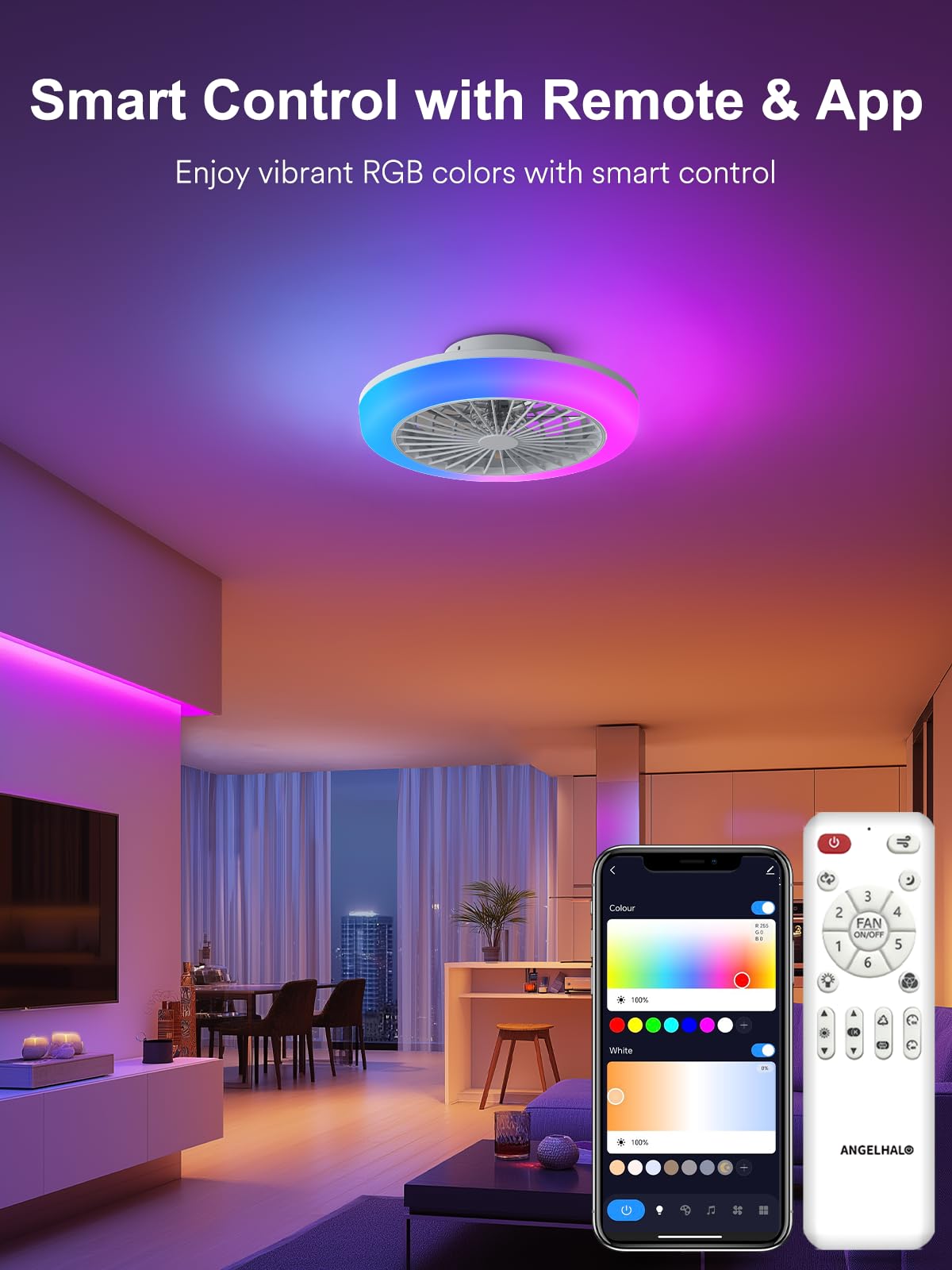 ANGELHALO 18" Smart Ceiling Fan with Light, RGBWW Flush Mount Fandelier with Remote/App Control, Music Sync, Quiet 6-Speed Motor, Low Profile for Bedroom/Kids Room/Home Offices/Small Living Spaces