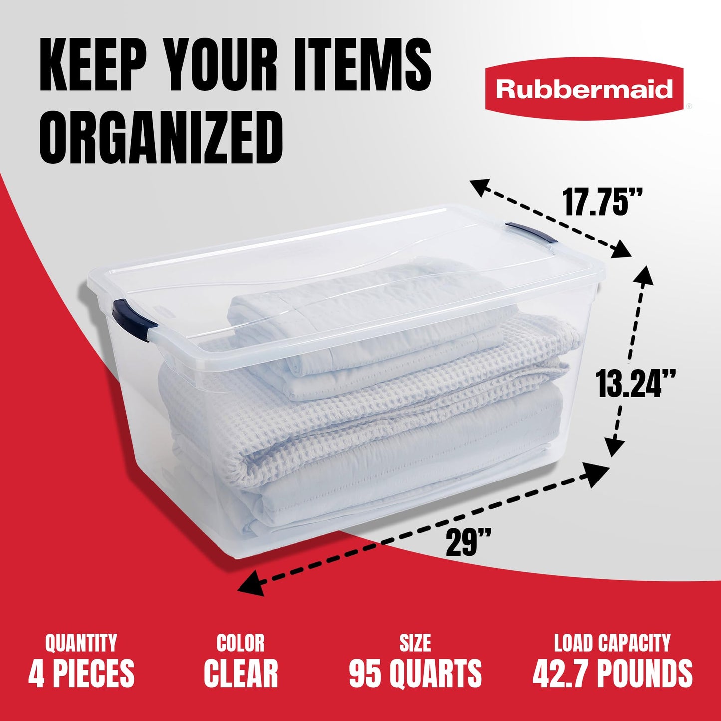 Rubbermaid Cleverstore 95 Qt Clear Storage Bins with Latching Lids, 4-Pack, Stackable, BPA-Free, Made in USA