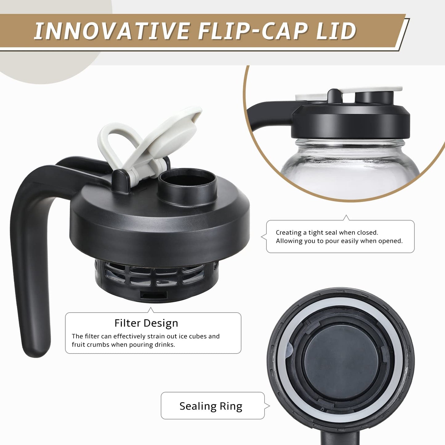 AOZITA 64 oz Glass Pitcher with Lid - 2 Quart Mason Jar Pitcher with Filter Lid, Wide Mouth Jar Leak-proof Water Jug, Heavy Duty Glass Container for Water, Juice, Milk, Tea, Iced Coffee, and Drinks