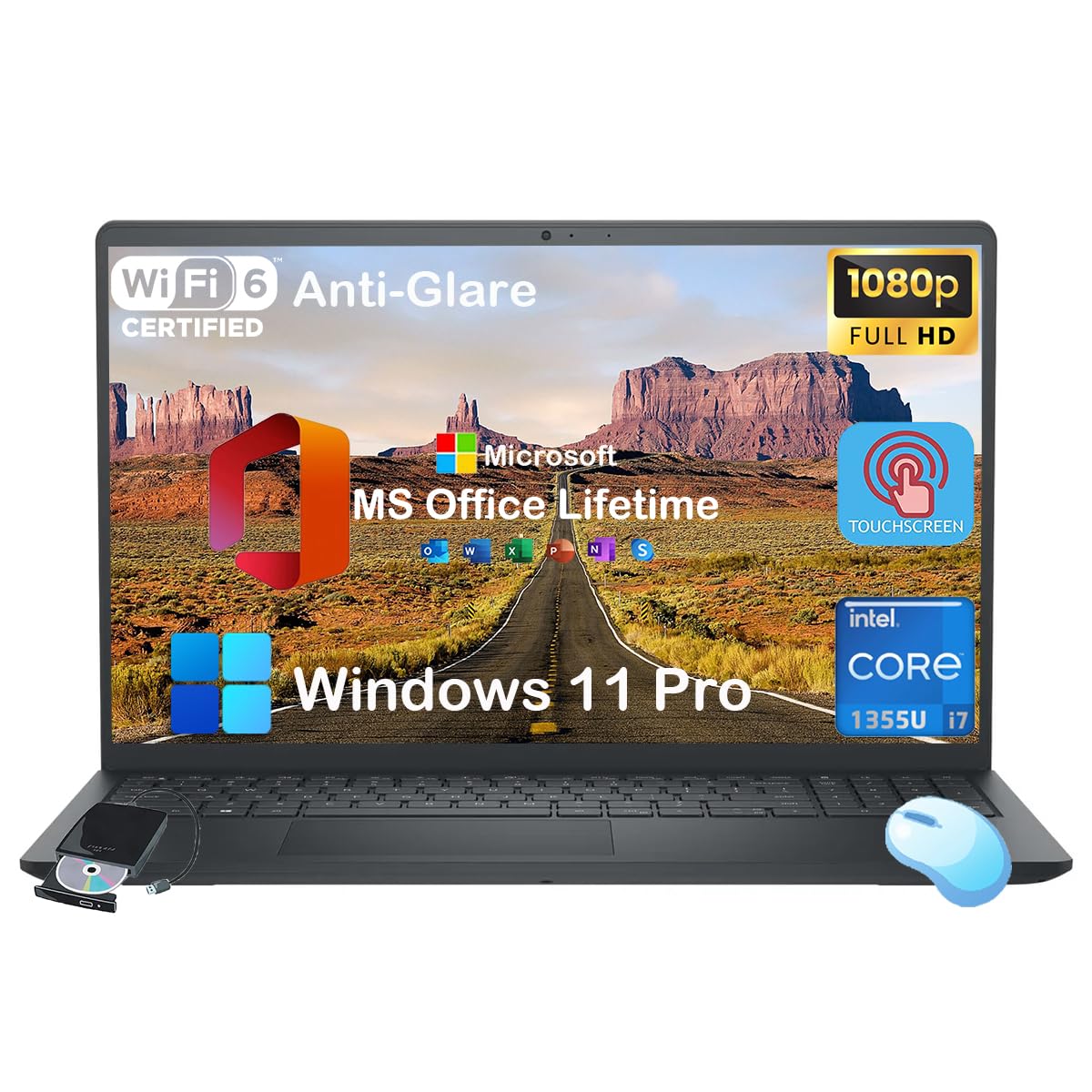 Dell Inspiron 15 3530 Touchscreen Business Laptop - MS Office Lifetime • 15.6" Anti Glare FHD Display • 13th Gen Intel 10-Core i7-1355U GPU • Wi-Fi 6 • Win 11 Pro • Copilot (64GB DDR5 RAM | 2TB SSD)