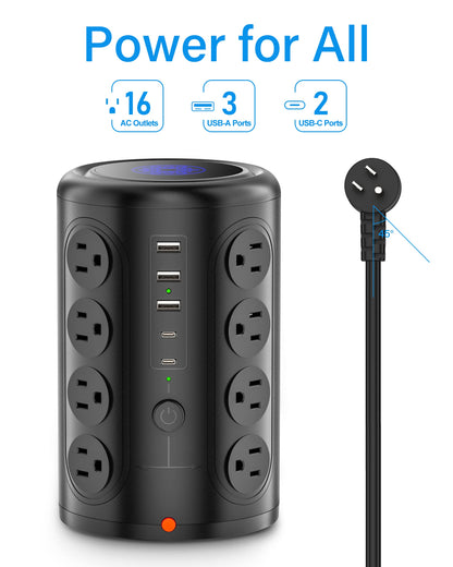 Power Strip Tower with 16 Outlets and 5 USB Ports (2 USB-C), TenTrend 1875W 1500J Surge Protector with 6 FT Extention Cord, Multi Outlet Tower for Home Office Desk, Dorm Room Essentials Black