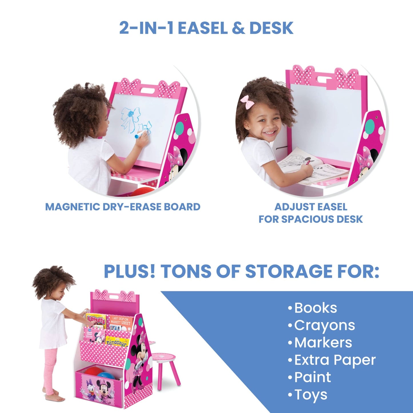 Delta Children Kids Easel and Play Station – Ideal for Arts & Crafts, Drawing, Homeschooling and More - Greenguard Gold Certified, Disney Minnie Mouse