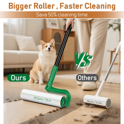 10" Large Lint Roller for Pet Hair Extra Sticky, Long Handle Floor Sticky Rollers with Big Lint Roller Refills for Cleaning Carpets, Cars, Furniture,Clothing, and Pet Hair,Green