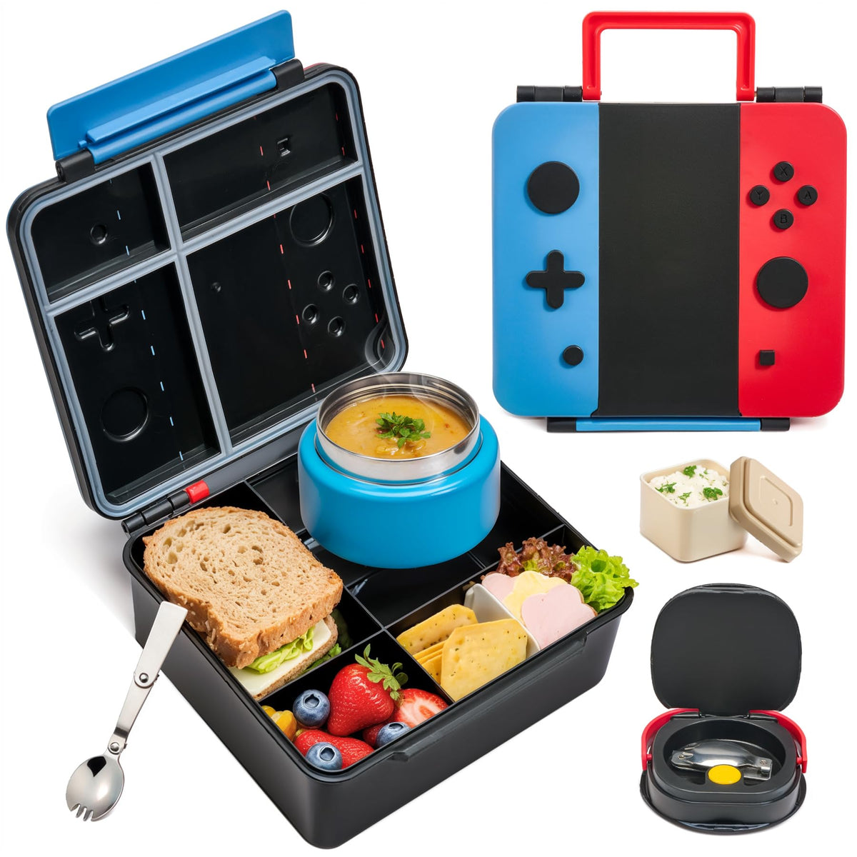 FAJSL Game Bento Box for Kids, Lunch Box with Thermo(9oz Food Jar), Folding Spoon, Removable Divider & Sauce Cup, Lunch Box Kids for School,Travel, BPA-Free & Realistic Shape(Blue-Red)