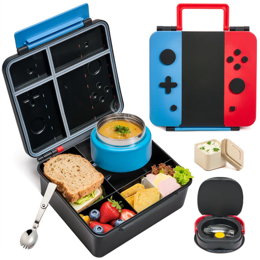 FAJSL Game Bento Box for Kids, Lunch Box with Thermo(9oz Food Jar), Folding Spoon, Removable Divider & Sauce Cup, Lunch Box Kids for School,Travel, BPA-Free & Realistic Shape(Blue-Red)