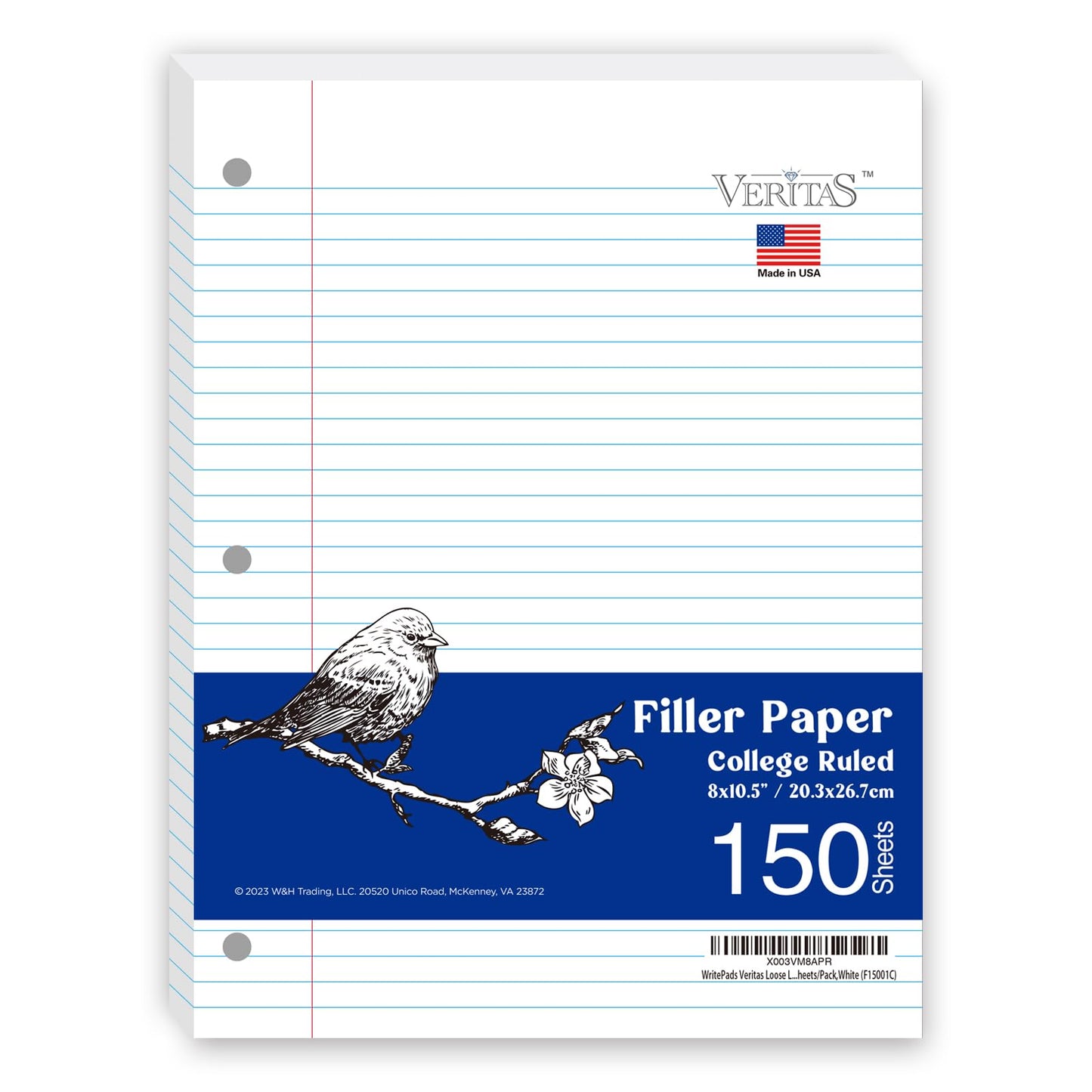WritePads Notebook Paper College Ruled Loose Leaf Paper, Standard 8"x10-1/2",3 Hole Punched Binder Paper For 3 Ring Binder,150 Sheets/Pack, 4 Pack, White, MADE IN USA