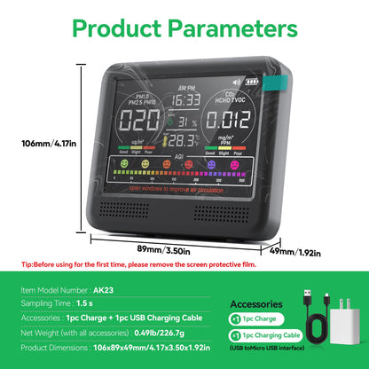 16-in-1 Air Quality Monitor Indoor with 7AQI Beep Alarm, CO2 Monitor, Air Quality Detector with PM1.0 | PM2.5 | PM10 | Temp | HUM | Formaldehyde | VOC Tester for Home Office Plant