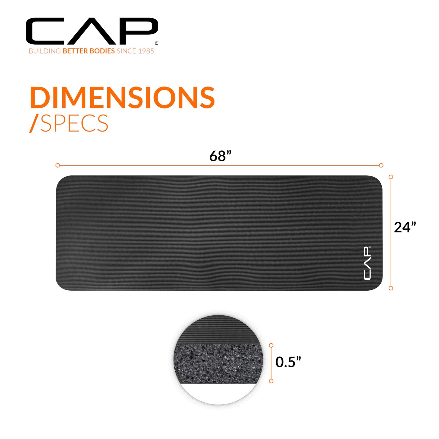 CAP Barbell High Density Exercise Mat with strap, 68"x24" 12mm (Black)