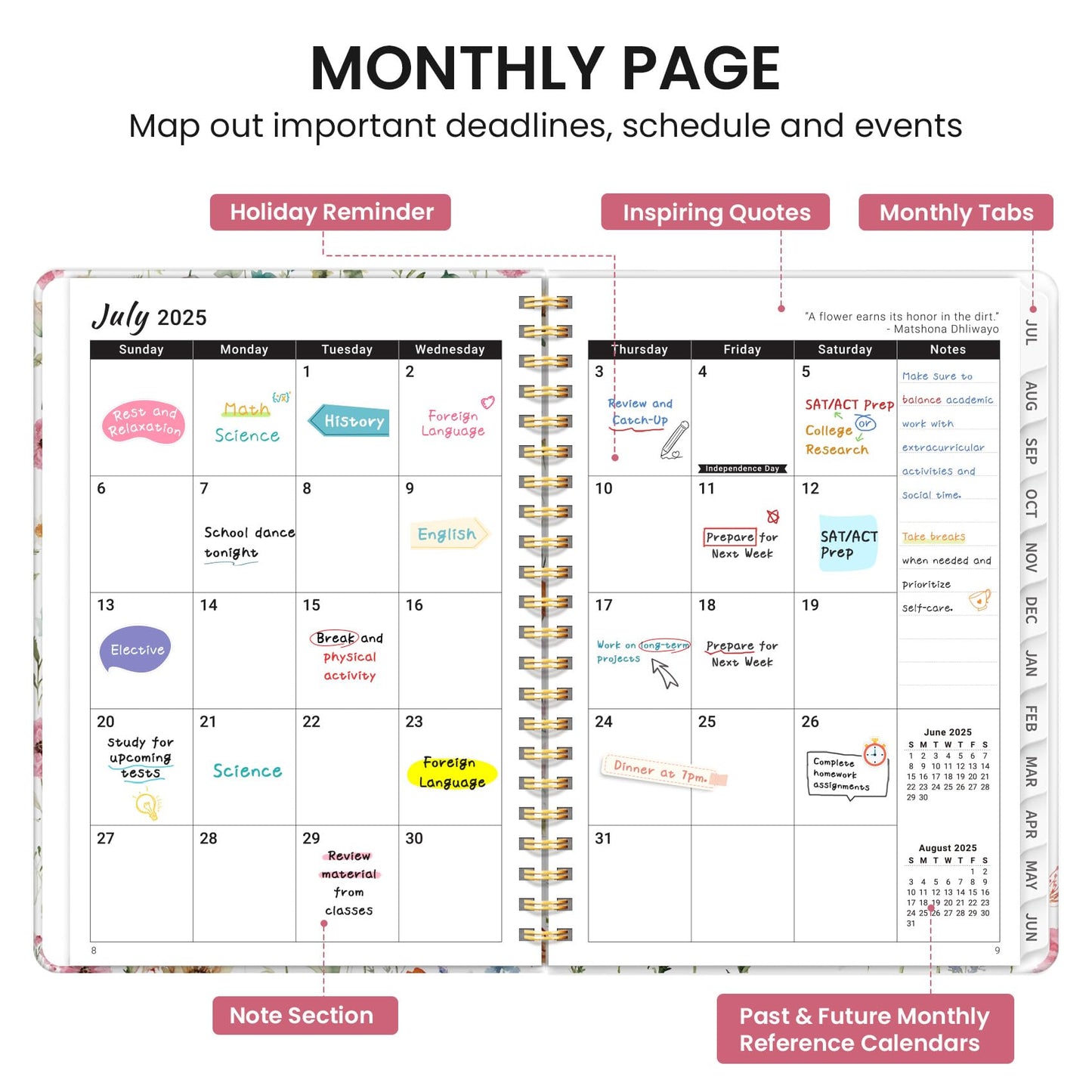 Planner 2025-2026, Academic Year Monthly and Weekly Calendar Planner, Jul 2025 - Jun 2026, Hardcover Teacher Student Planning Agenda book with Tabs, Perfect for School Office Supplies , 6.3" x 8.5" - Wildflower