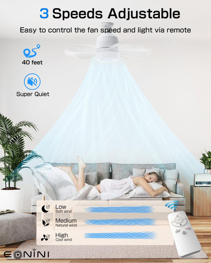 Eonini 2-in-1 Socket Fan Light with Remote, Small Ceiling Fans with Lights, 3 Colors Dimmable LED Light Bulb Fan, 1000LM, Easy Install Screw-in E26 Base for Bedroom Kitchen Garage Living Room