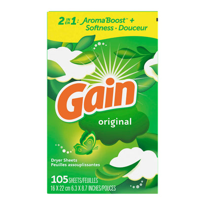 Gain dryer sheets, 105 Count, Original Scent Laundry Fabric Softener Sheets with 2-in-1 Aromaboost Plus Softness